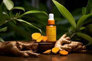 bottle of ginger essential oil with fresh ginger root on wooden table photo