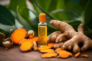 Ginger essential oil in a glass bottle with fresh ginger root photo