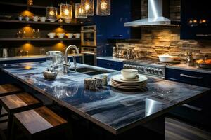 AI generated young style kitchen with modern navy colors professional advertising photography photo