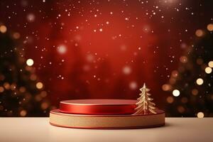 AI generated merry Christmas 3d rendered red Podium display for event photo