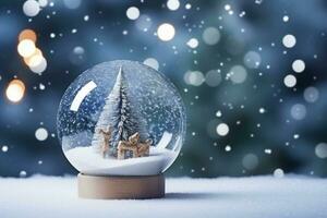 AI generated Crystal ball with a snowy christmas tree fir tree inside falling snow realistic holiday decoration photo