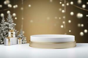 AI generated 3d rendered white and snowy Podium display for merry Christmas event photo