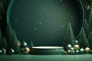 AI generated merry Christmas 3d rendered red Podium display for event photo