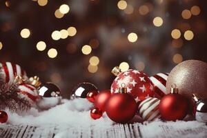 ai generado rojo Navidad ornamento y acebo arbusto bayas, y un blanco estrella en un Nevado superficie foto