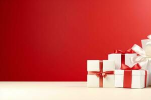 AI generated white gift boxes with silk ribbon bows and golden confetti on isolated red background photo