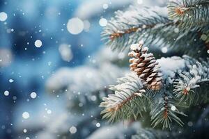 AI generated Snowflakes settling on pine branches under soft winter moonlight photo