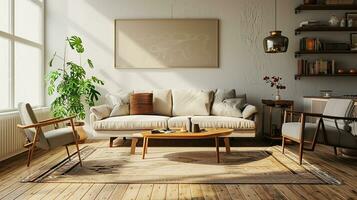 AI generated living room interior design with sofa minimal aesthetic 3d rendered photo