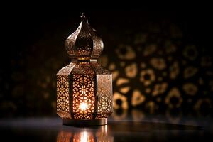 AI generated Ornamental Arabic lantern glowing for Muslim holy month Ramadan Kareem photo