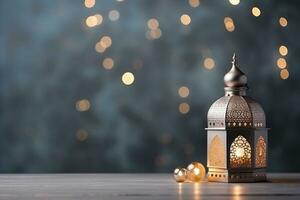 AI generated Arabic lantern in mosque shape glowing for Muslim holy month Ramadan Kareem photo