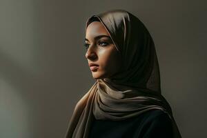 AI generated A beautiful lady in a stylish hijab wearing contemporary fashion photo