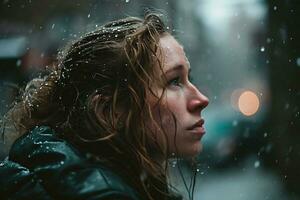 AI generated a woman caught in a rainstorm the raindrops glistening on her hair and clothes photo