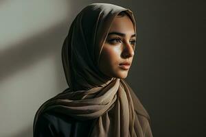 ai generado un hermosa dama en un elegante hijab vistiendo contemporáneo Moda foto