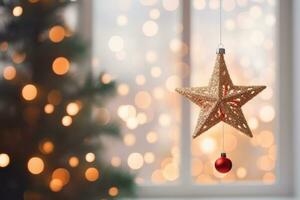 AI generated Selective focus shot of star ornament hanging on christmas tree photo