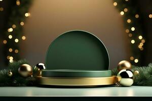 AI generated merry Christmas 3d rendered red Podium display for event photo