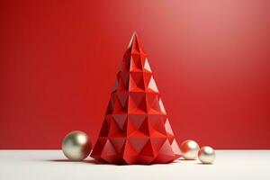 AI generated Red Christmas tree made with card paper copy space red isolated background photo