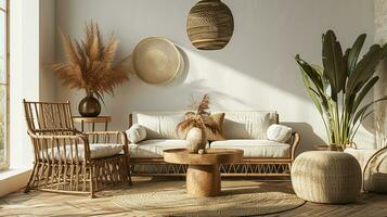 ai generado vivo habitación interior diseño con sofá mínimo estético 3d prestados foto