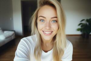 AI generated happy young woman taking a selfie generative AI photo