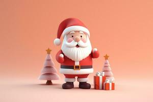 AI generated 3d rendered minimal santa clause with christmas tree and gifts on pastel background photo