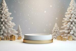 AI generated 3d rendered white and snowy Podium display for merry Christmas event photo