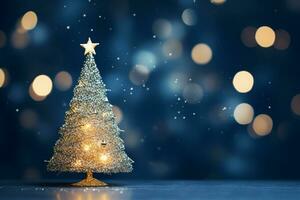 AI generated Blue Decorated christmas tree on wooden table and blue blurred background. Copy space photo