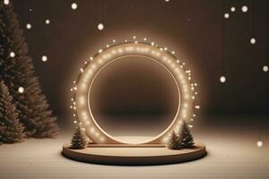 AI generated merry Christmas 3d rendered red Podium display for event photo