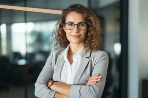 AI generated Portrait of successful and happy businesswoman, office worker smiling and looking at camera with crossed arms, working inside modern office. photo