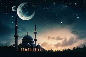 AI generated a mosque in night and moon in background ramadan kareem celebration photo