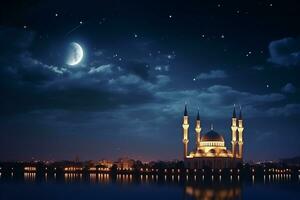 ai generado un mezquita en noche y Luna en antecedentes Ramadán kareem celebracion foto