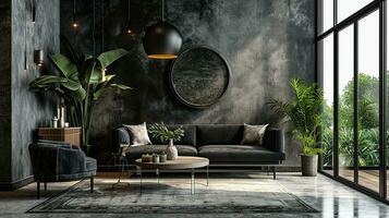 AI generated Black living room interior design with sofa minimal aesthetic 3d rendered photo