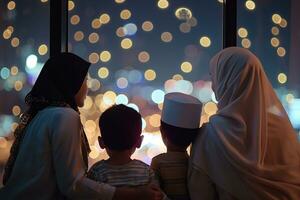 ai generado Ramadán kareem saludo. familia a ventana mirando a islámico ciudad con mezquita horizonte foto