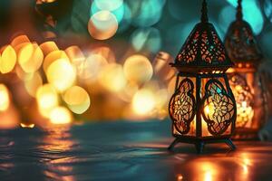 AI generated Ornamental Arabic lanterns. Glittering golden bokeh lights on the table photo