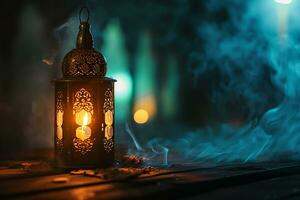 AI generated Ornamental Arabic lanterns. Glittering golden bokeh lights on the table photo