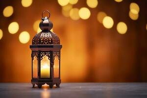 AI generated Ornamental Arabic lantern glowing on table for Muslim holy month Ramadan Kareem photo