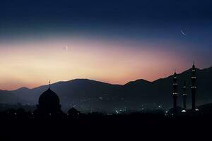 AI generated a mosque in night and moon in background ramadan kareem celebration photo