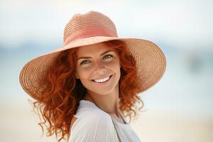 AI generated closeup shot of Young happy woman summer vacation at the beach photo