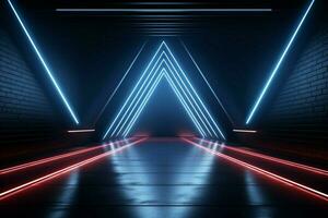 AI generated Sleek aesthetics Dark room enhanced by captivating neon lines effect photo