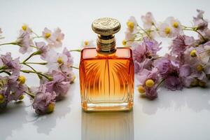 AI generated Aesthetic charm Perfume bottles and flowers displayed on a white background photo
