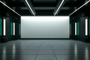 AI generated Modern exhibition Glowing blank wall enhances the large showroom ambiance photo