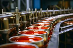 ai generado Enlatado pescado fábrica sardinas en tomate salsa, producción línea escena foto