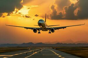 ai generado asombroso llegada pasajero avión tierras en un puesta de sol cielo espectáculo foto