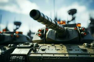 AI generated Close up on tank guns, background elegantly fades into soft blur photo