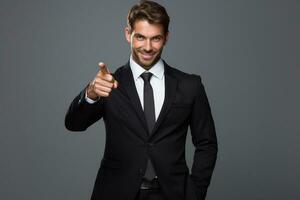 AI generated young smiling man in formal wear pointing with finger on you photo