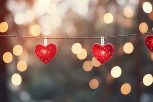 AI generated Valentine day love beautiful hearts hanging on branch of tree photo