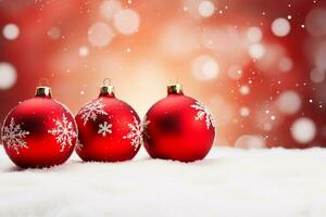 AI generated Selective focus of red and white christmas bulbs in the snow with bokeh lights on the background photo