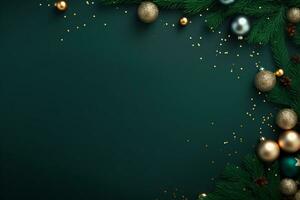 AI generated christmas holidays composition of fir tree branches with baubles and gifts copy space photo