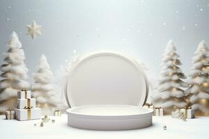 AI generated 3d rendered white and snowy Podium display for merry Christmas event photo