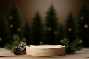 ai generado Navidad tema de madera podio pedestal o plataforma antecedentes con bokeh ligero y pino árbol foto