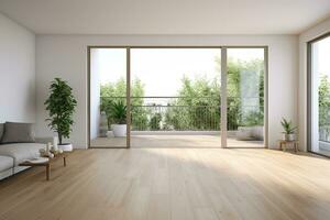 AI generated Empty white room with a wooden floor and plants. minimal with copy space photo