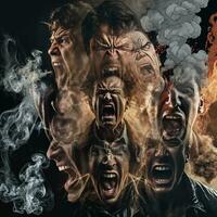 AI generated Illustration of close up portraits of men scream in rage, smoke pouring out of their ears. photo