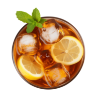 AI generated glass of iced lemon tea isolated on a transparent background, top view png